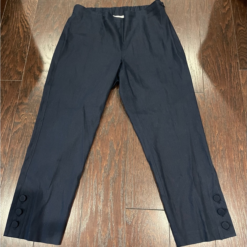 J. Jill Linen Stretch Crop Navy Pants  Ankle Buttons Size Small Petite Classic